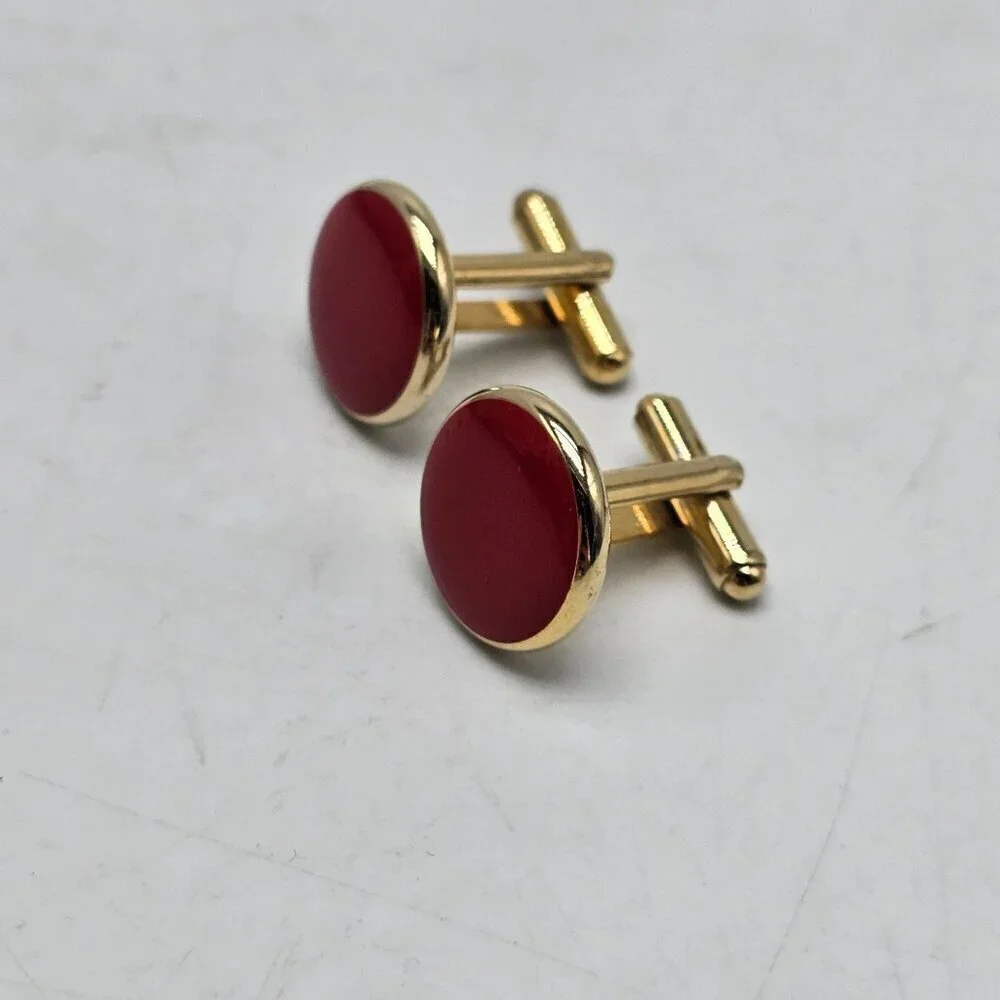 Gold Tone Cufflinks With Red Enamel Round Design Mid Century